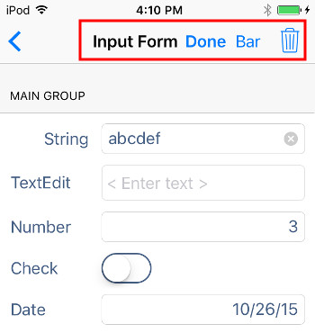 Screen shot of an app on an iPod touch under iOS 9.1, showing default action views at the top of the screen.