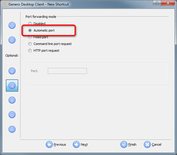 The figure shows panel four of the Genero Desktop Client shortcut wizard, with the Automatic port radio button selected.