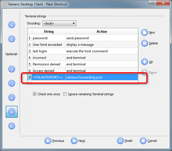 The figure shows panel six of the Genero Desktop Client shortcut wizard, with FGLAUTOPORT set to retrieve the forwarding port.