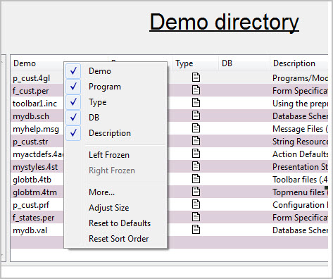 The figure shows a screen shot of a column contextual menu with Left Frozen and Right Frozen menu options.