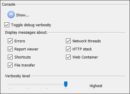 Screen capture of Console configuration in the Debug panel