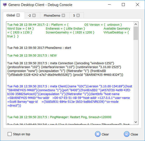 The figure is a screenshot of the Genero Desktop Client Debug Console.