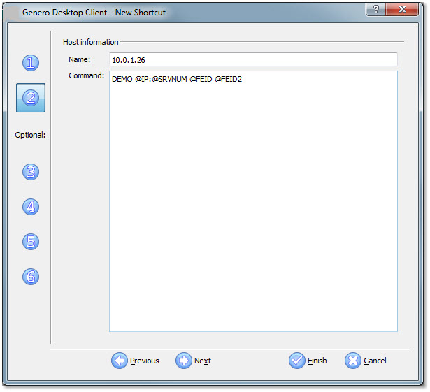 The figure shows panel two of the Genero Desktop Client shortcut wizard with "10.0.IBM6" entered in the Name field and "DEMO @IP:@SRVNUM @FEID @FEID2" entered in the Command field.