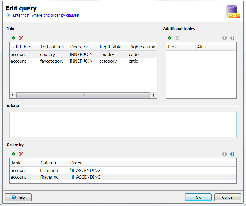 This figure is a screenshot of the Edit query dialog. See the surrounding text for more information about using the Edit query dialog to create a new form for a generated application.