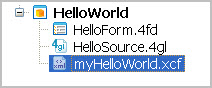 This figure is a tree view that shows the mycust.xcf file as a child node of the Hello World application node.