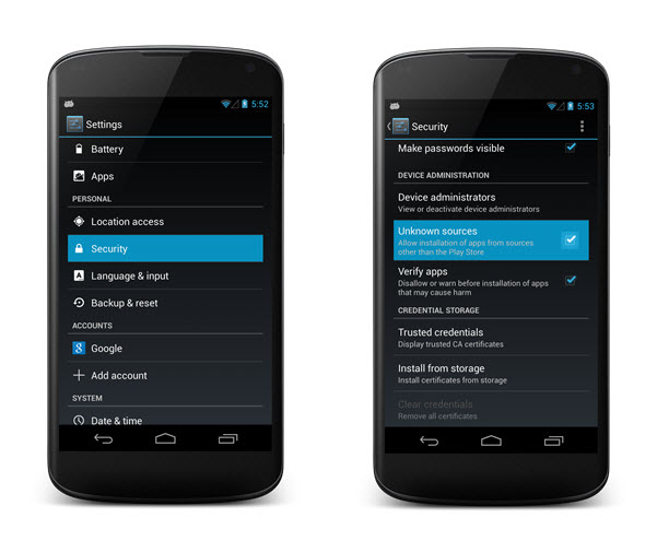 Screen shot showing where you select the Unknown sources option, as described in the step.