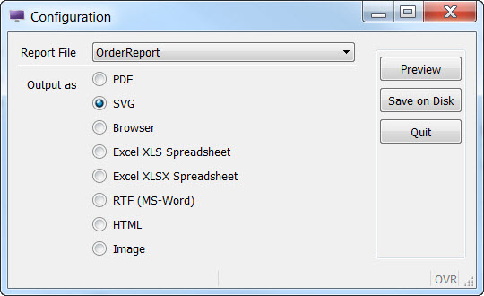 Screen shot of the Reports demo application form.